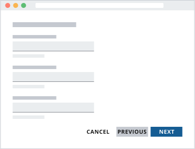 Example showing button bar with next button on right as CTA, previous as primary to the left of next, and cancel as secondary to the left of cancel